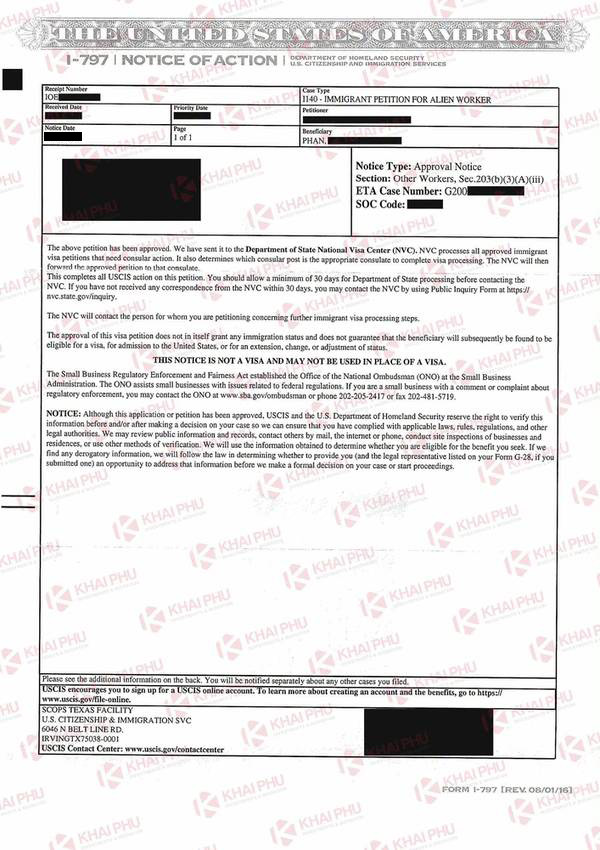 Thông báo USCIS chấp thuận đơn I-140, đã che thông tin cá nhân