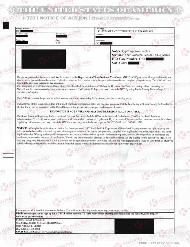 Thông báo chấp thuận I-140 của USCIS – hồ sơ 4