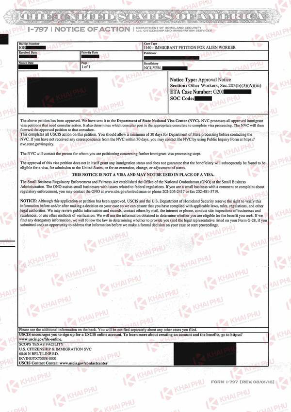 Thông báo chấp thuận I-140 của USCIS – hồ sơ 6